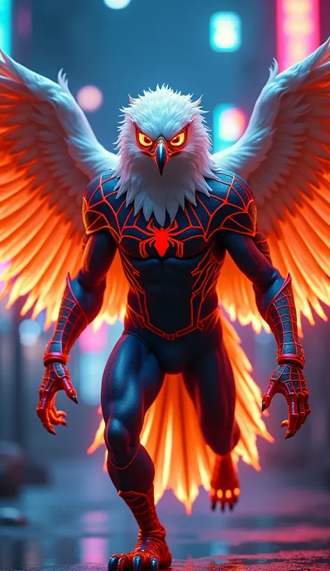 A stunning fusion of eagle and Spider-Man, merging their unique strengths, abilities, and appearances. Body structure is athletic and agile, combining the eagles powerful wings and speed with Spider-Mans acrobatic build and quick reflexes. The head feature...