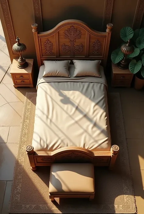 create a top view of  wooden bed and side table lotus flower was carved in bed with simple  bedsheet with ottoman and rug . egyptian style old lamps on side table