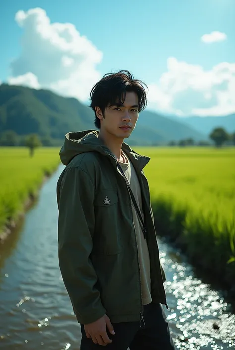 A black-haired, handsome man, standing with a thin smile, against the background of rice fields and a clear river, blue and bright sky, wearing camping clothes, Realistic and real photos