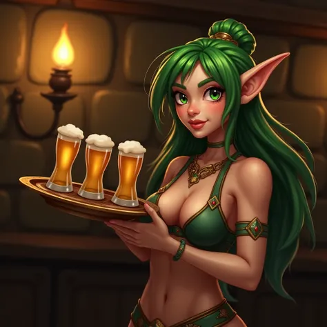  Overview of a naked elf.  A beautiful green haired elf girl , with a perfect smile ,  freckles on the face,  a beautiful body with perfect breasts , a hairless pussy .  is in a tavern holding a waitress tray with beer,  The atmosphere is cheerful . Illumi...