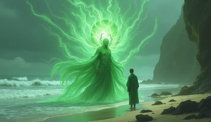  Make a picture of nyi roro ul emitting supernatural powers ,  with a man and nyi roro ul wearing an all-green outfit.  Make a picture of a medium in a sea full of waves , and by the beach 