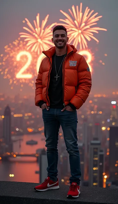 A hyper-realistic, happy man stands on a breathtakingly high skyline with fireworks in the background. He is wearing a black t-shirt and an orange puffer jacket with The Chow Chef written on it, paired with jeans and red Nike shoes. He also has a black loc...