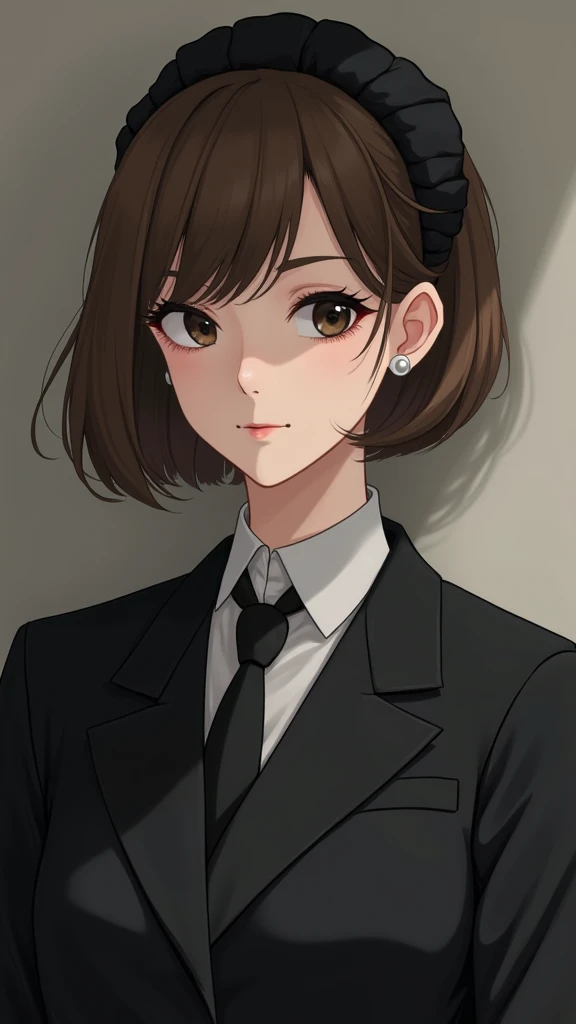 Teacher with short brown hair and small black eyes small pink leap White skin 
She is wearing black coat with tie and short head scarf 