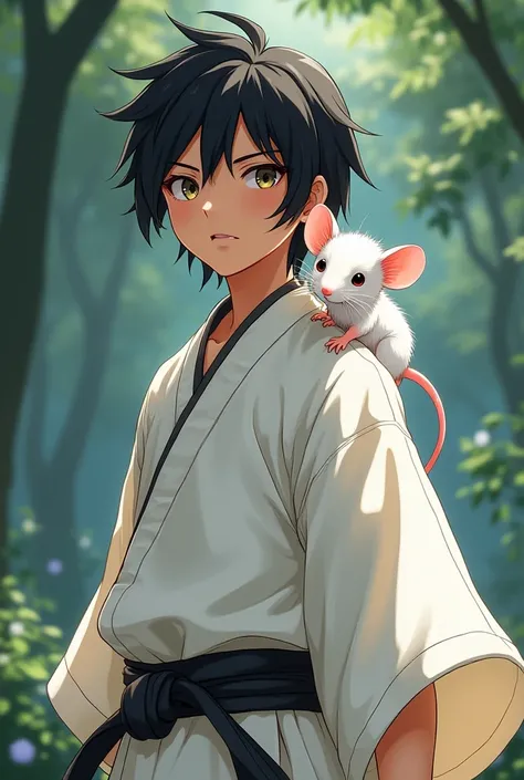 A boy with semi-long black hair of short stature in a martial artist outfit with a white mouse on his shoulder in anime style