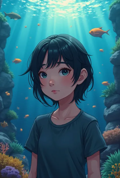 Create a picture of a person named toji with an aquarium background