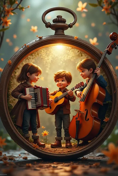 
Txt2Img
Studio
3 personnages dont une fille brune jouant de laccordéon et un garçon bruns jouant de la guitare acoustique et un autre garçon brun jouant de la contrebasse dans une montre à gousset