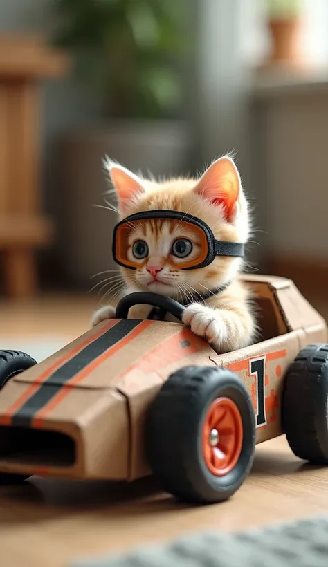 39.	The kitten pretending to be a racecar driver, sitting in a cardboard box painted with wheels.