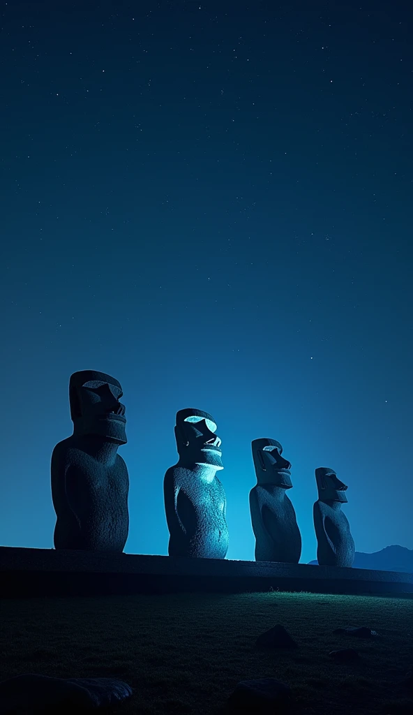 A mystical representation of Moai statues glowing faintly under a starry night sky, symbolizing their spiritual significance."