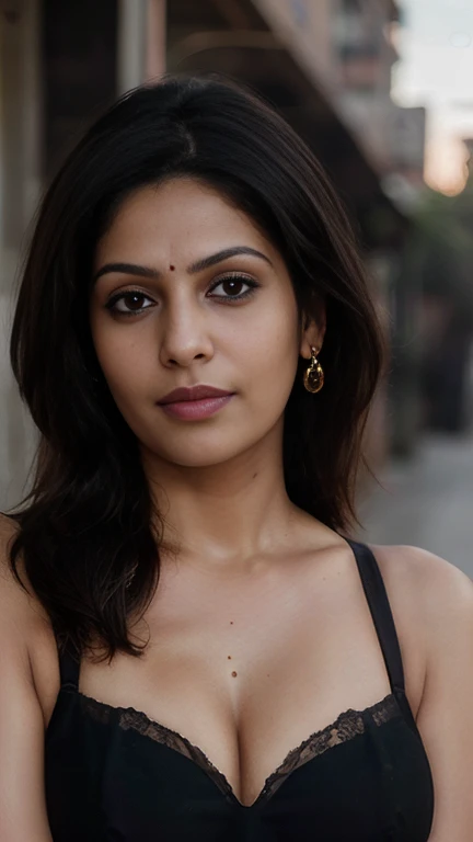 beautiful palki sharma, best quality, 8k, masterpiece, intricate details, sharp focus, ultra hd, outdoors, wearing a black bra, visible cleavage, Canon EOS R3, golden hour, highly detailed face and skin texture, slight cleavage