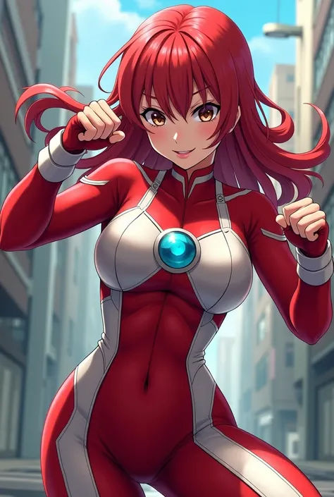 My Hero Academia Style , Anime girl, female, young female ,Full Body Shot,(fighting Pose:1.3),Long hair, Red Hair,  Brown Eyes,Hero Suit, Full Body Suit, red suit with white details,small round blue jewel in the center of the chest, perfect anatomy,  Tough...