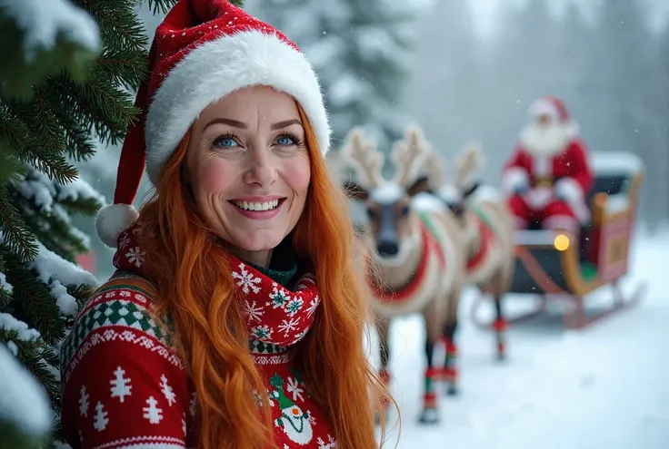 The photo shows a mature Irish woman, she is about 45 years old. She is wearing a bright Christmas sweater that radiates a festive atmosphere, she is wearing a snowman scarf that adds playfulness to the image. She has a Santa hat on her head, from under wh...