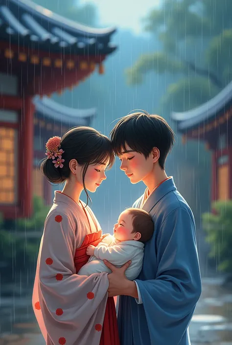 Create anime couple with boy baby  during rain  with traditional temple background 