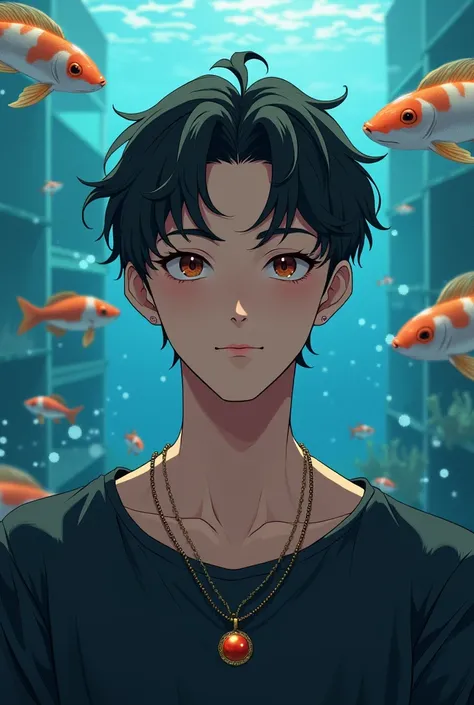 Make a picture of a 21-year-old man wearing a necklace named toji with an aquarium background 