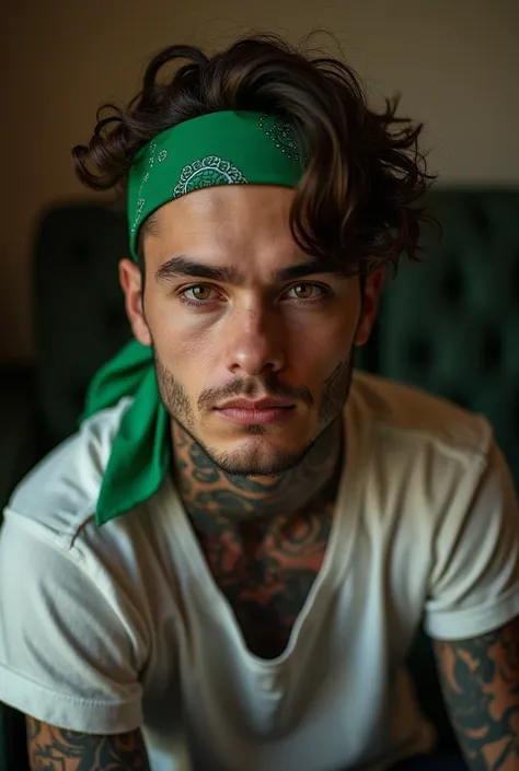 create a 19-year-old man sitting on the couch wearing a green bandana in tattoos with beautiful eyes and hair
without blurring the background