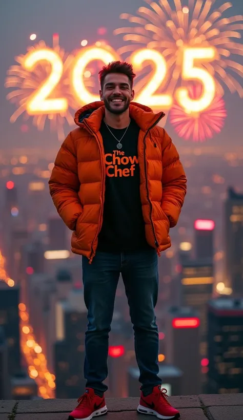 A hyper-realistic, happy man stands on a breathtakingly high skyline with fireworks in the background. He is wearing a black t-shirt with The Chow Chef written on it in orange color and an orange puffer jacket , paired with jeans and red Nike shoes. He als...