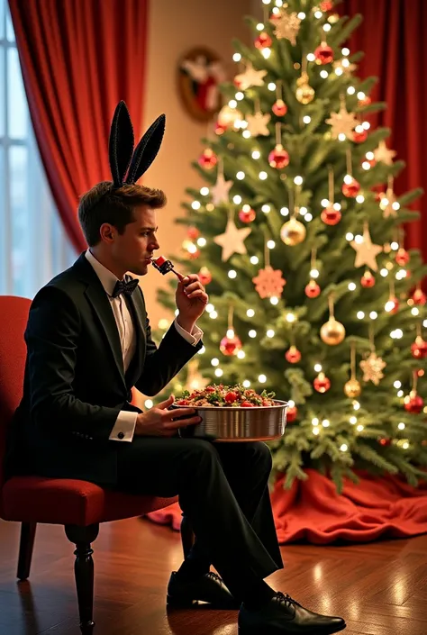  There is a Christmas tree in the middle of the hall ,  a man in a tuxedo is sitting under the tree eating Olivier salad from a bucket.  A man has short brown hair on his head and bunny ears . All this in tinsel and glitter 