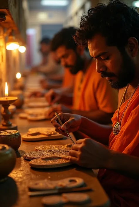 A close-up, cinematic view of devoted artisans (thondargal) meticulously crafting Perumal’s divine sandals (padukas) in the sacred ambiance of Thirukkottaram in Srirangam. The focus is on their hands, skillfully carving and polishing the wooden sandals, wi...