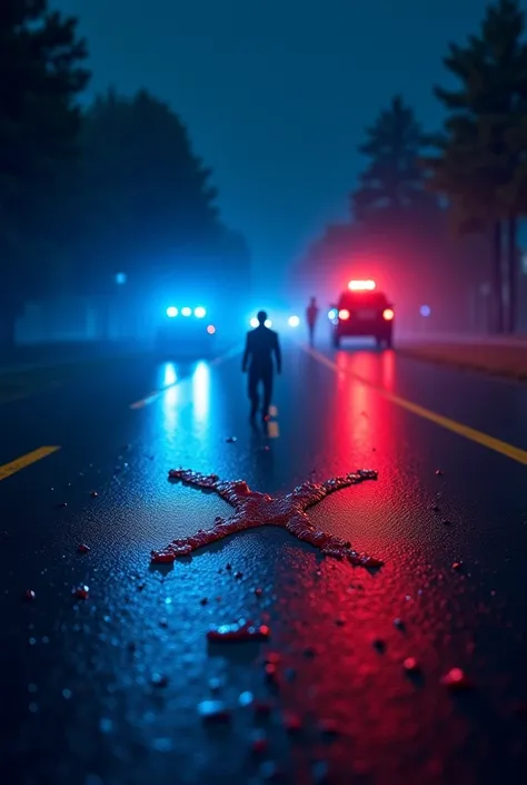 On the road I want to see blue and red lights with cold tones and police cars also an x on the ground the whole area with yellow police ribbons typical in the United States all this has to be far away and I will be in front of the photo The road is wet and...