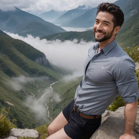 handsome 35 year old man wearing a gray v-shirt smiling happily with his beautiful hourglass figure leaning on his shoulder, in the misty mountains