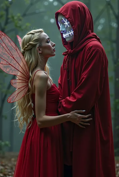 A beautiful fairy with long blonde hair and gossamer wings is stood in front of a tall handsome young man wrapped in red ribbons. He is wearing the God mask from the film the Purge, white neon crosses are where the eyes are and white neon stitches across t...