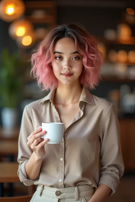 "A 25-year-old Asian woman with short curly ombre pink hair and tan skin, featuring a noticeable mole above her right upper lip. She has an average build, approximately 58 kg in weight and 157 cm in height. She is wearing casual formal attire, such as a st...