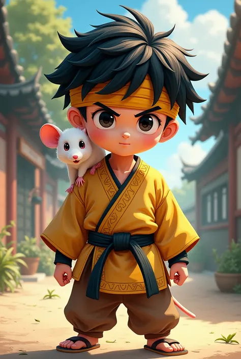 A boy with semi-long black hair of short stature in a martial artist outfit with a yellow bandana in his forehead with a white mouse on his shoulder in anime style