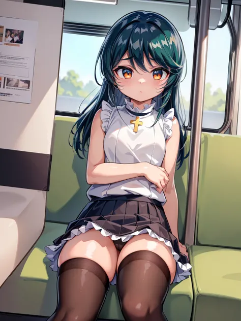 (8k、 top quality 、masterpiece:1.2)、（girl:1.0）、( sleeveless sweater、frills skirt、thighhighs:1.0）、front、（vapor:0.8）、 simple background 、（ sitting on a train seat ）、（from below:0.8）、 open legs、 cross your arms a little