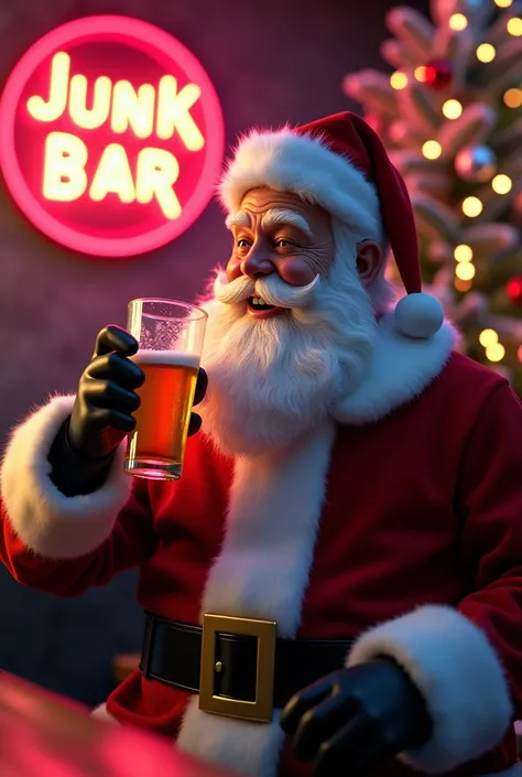  Santa Claus with a glass of beer in his hand ,  in the background is a neon sign with the inscription "Junk Bar ".decorated Christmas tree 