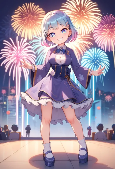 best quality, masterpiece, ultra-detailed, 1girl, petite girl, loli, short hair, light gradient hair from dark blue to light blue sky, heterochromatic eyes, right eye light blue, left eye light purple, cute face, small smile, face slightly turned left, kaw...