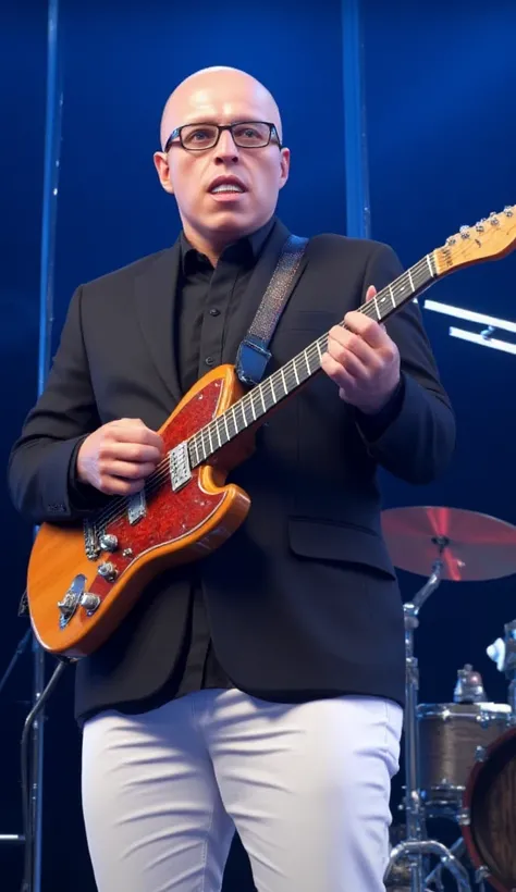 Indonesian men, 35 years old , bald head, a little fat,  clear glasses , puffy suit , white pants, main guitar, Rock,  on stage musical,  face to camera , Front view