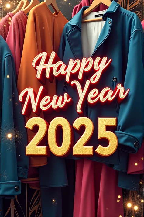 Written company name shasa fashion and lifestyle and happy new year 2025 with the background of clothes 