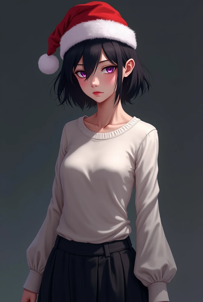  beautiful girl . black short hair. purple eyes.Wearing a white sweater ,, a black skirt and a Christmas hat . She looks at the viewer with indignation and anger