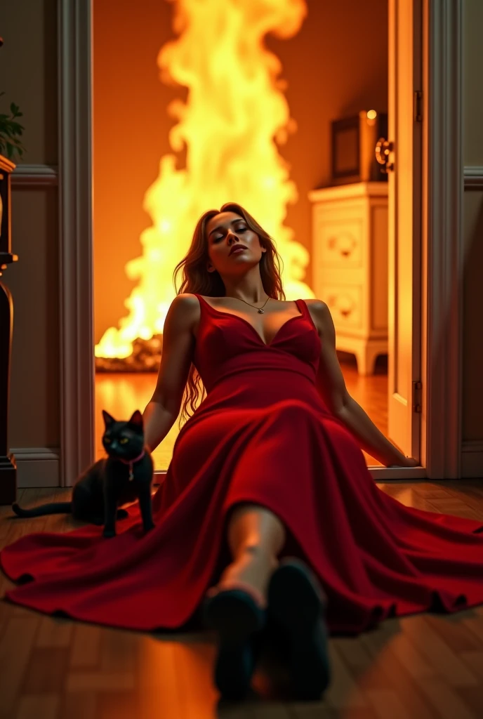 The beautiful ladycat wearing red Maxi and black heels and long hairs,falls unconscious and close eyes in the kitchen, with the fire surrounding her. The kitten, still in its jumper, looks helpless and frightened, trapped in the burning house."( Serious si...