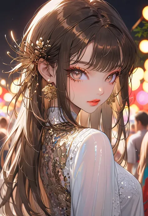 The background is a festival，(Highest quality,Very detailed,High resolution:1.2),beautiful girl，Brown straight hair,Brown bangs，very_Long eyelashes, Detailed lips, Cool look, Soft Skin, Shiny Hair,Exquisite makeup,Looking back at me