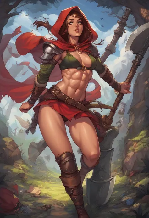  One Woman , brown skin, abs, Little Red Riding Hood,fairy tale,Decide pose with an axe, shoulder out, belly button out,Barbarian, Female Warrior,Crouch, looking up , thighs