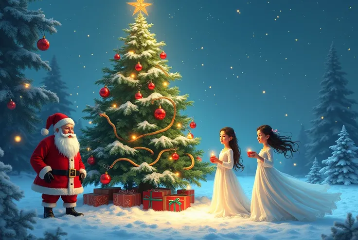 new year card , Christmas tree , snake, bright light,  Santa Claus ,  snow maiden  