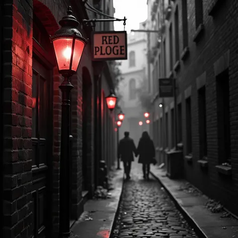 An old photo in black and white of the Red Lamp, Newfaires red lights district.