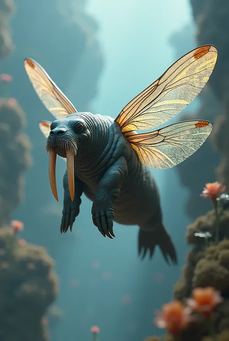 A hybrid walrus with translucent dragonfly wings and shimmering tusks