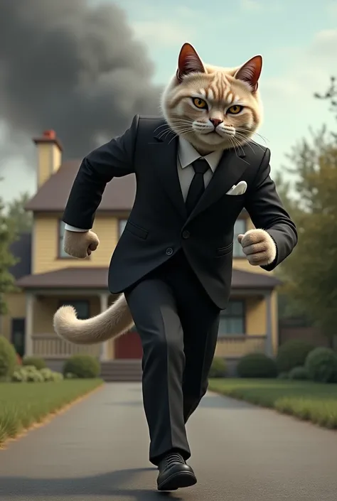 The cat husband, in his black suit and joggers, rushes back home, looking determined. He notices the smoke coming from the house as he approaches, ready to save his family. 3D