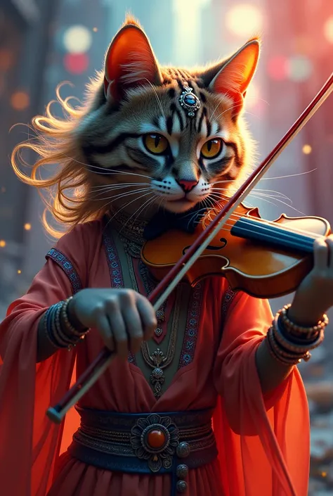 a cat dressed as an Arabic woman violin as a violin master in an ethnic-inspired dress, hair caught in the winds embrace, piercing gaze set against a neon-lit background, face exuding realism with expressive brushwork, detailed environment surrounding her,...