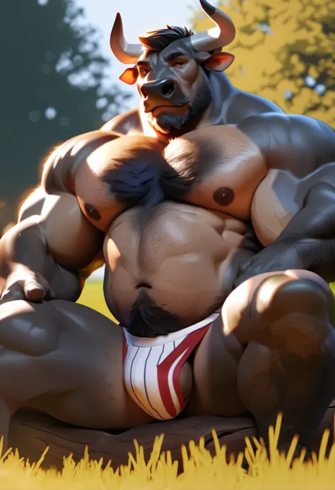 solo, 1boy, Muscular Old man, furry black bull, wide shoulder, pectoral, thick arms, chest hair, arms hair, pubic hair, huge pectoral, wide pectoral, sitting on log, meadow, huge tree background, short hair, jockstrap and shirtless, simple background, mast...