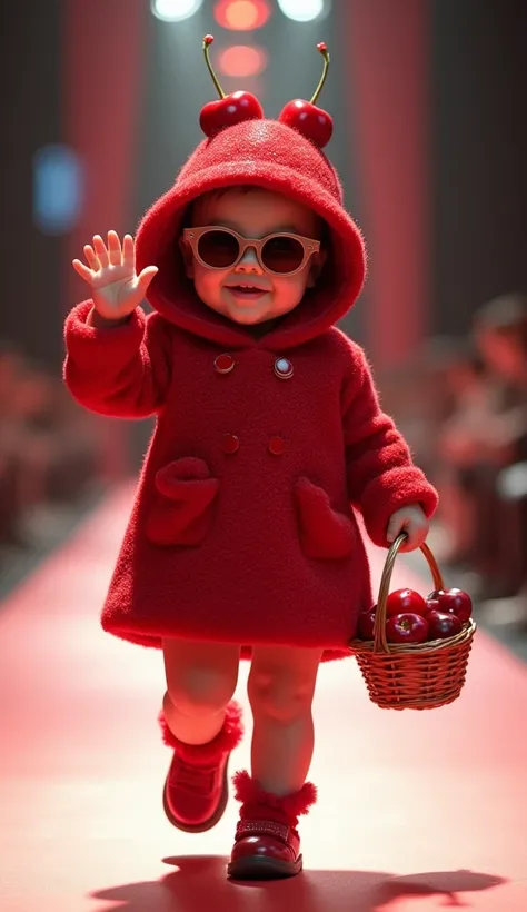 Create a scene with an adorable chubby baby girl, wearing fashionable clothes made entirely from cherries. Wearing a cherry-topped hat, and round stylish sunglasses. In one hand, she is holding a basket of cherries. Walking confidently down the runway, wav...