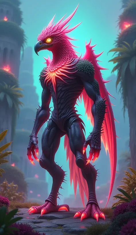 A towering, alien hybrid of eagle and dragonfruit, standing in a vibrant Fantasy World filled with glowing, mystical plants and floating islands. Its shape is animalistic, featuring an insectoid build with segmented limbs and a sleek exoskeleton. The appea...