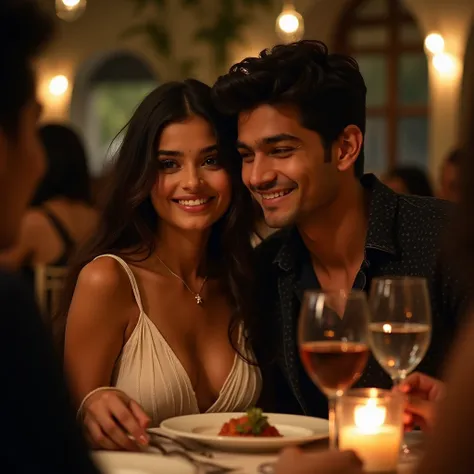 Teenage beautiful Indian couple having dinner with simle Most realistic editorial candid photography. 
