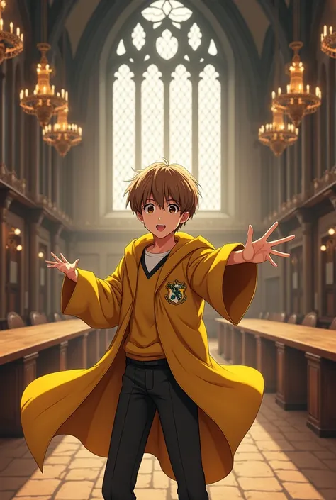 Anime boy wearing a hufflepuff uniform. Light brown anime hair. In hogwarts great hall. Light in complexion. In an anime style pose