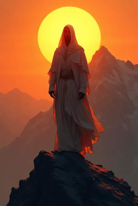 A man wearing gown and a cloth on head standing on a mountain and a orange sunset in background