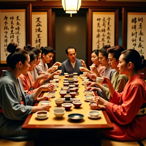 In an ornately decorated palace room, a group of guests dressed in traditional Japanese kimonos sit gracefully around a low lacquered table at a tea ceremony. As they simultaneously lift delicate porcelain tea cups to their lips, their expressions shift dr...