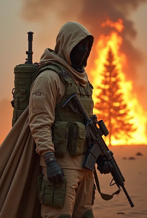 Camouflaged Islamic fighter with face in desert clothes who killed Santa Claus and Christmas tree burning in fires.