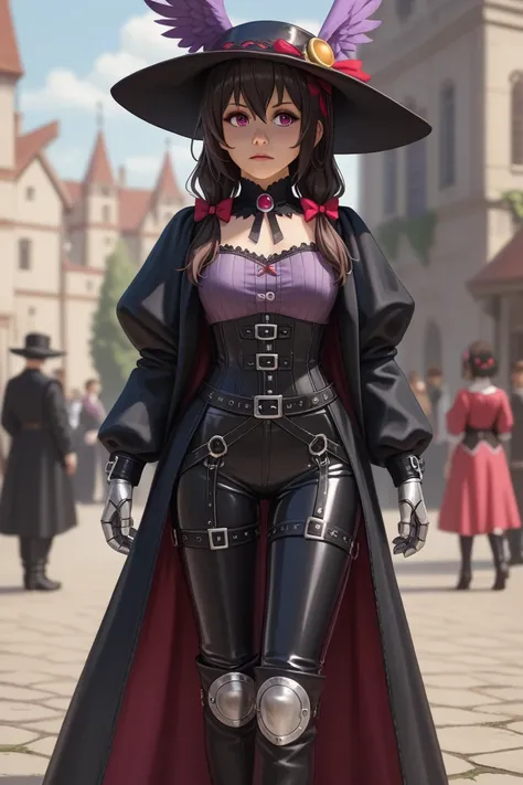 Yunyun de konosuba.
1.    wide-brimmed hat   :   A black hat with a gothic design decorated with purple feathers and metallic details,  that gives it an elegant and magical air   .


2.   long coat   :    A black coat with decorative edges and purple fraye...