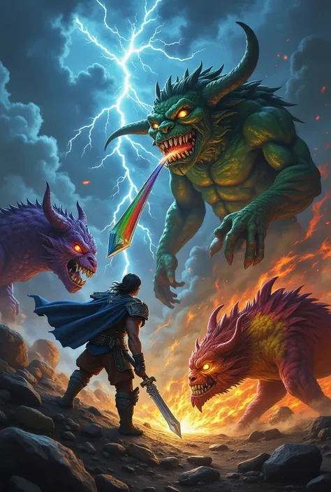 The picture has hero on the left hand side of picture and daemon on the right hand side.
The hero hold the Thunder sword and other hand hold rainbow  shiled.
The deamon has green body and very ugly face. The deamon is breathing fire to attack hero.
Behide ...